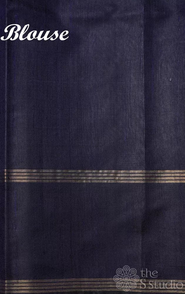 Navy blue raw silk saree with zari rich pallu