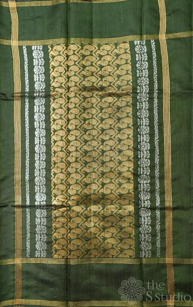 Methi green raw silk saree with rettaipet border