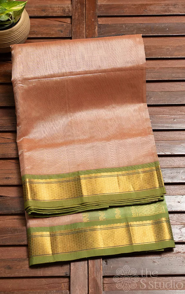 Beige silk cotton saree with green zari border