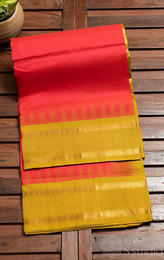 Bright rose silk cotton saree with rettaipet border