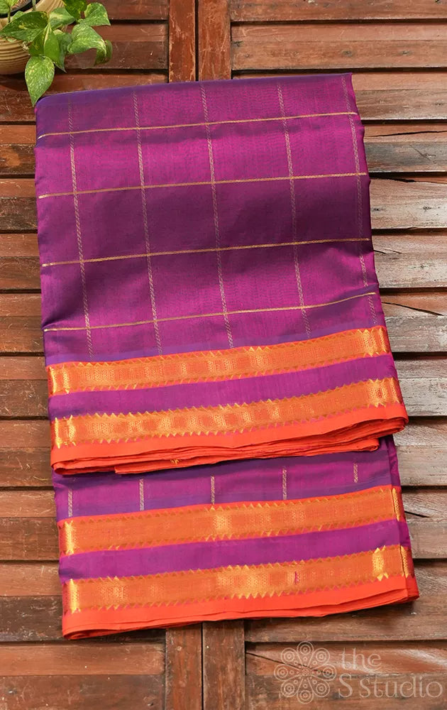 Purple ten yards silk cotton saree with zari checks


