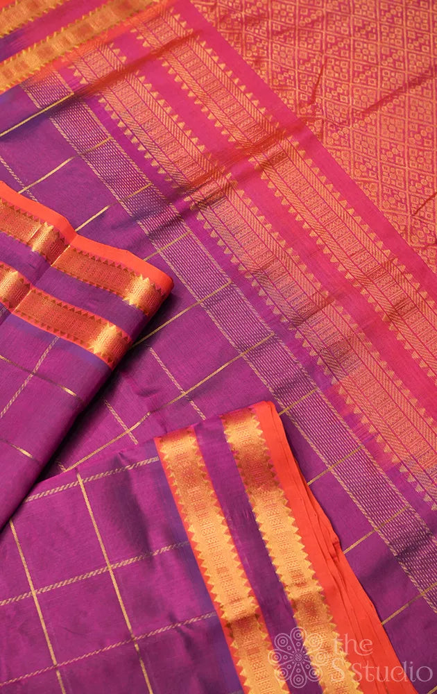 Purple ten yards silk cotton saree with zari checks