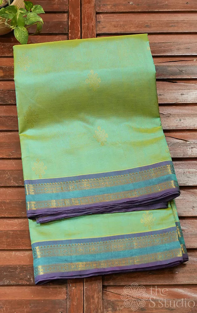 Sea green ten yards silk cotton saree with kolam butta

