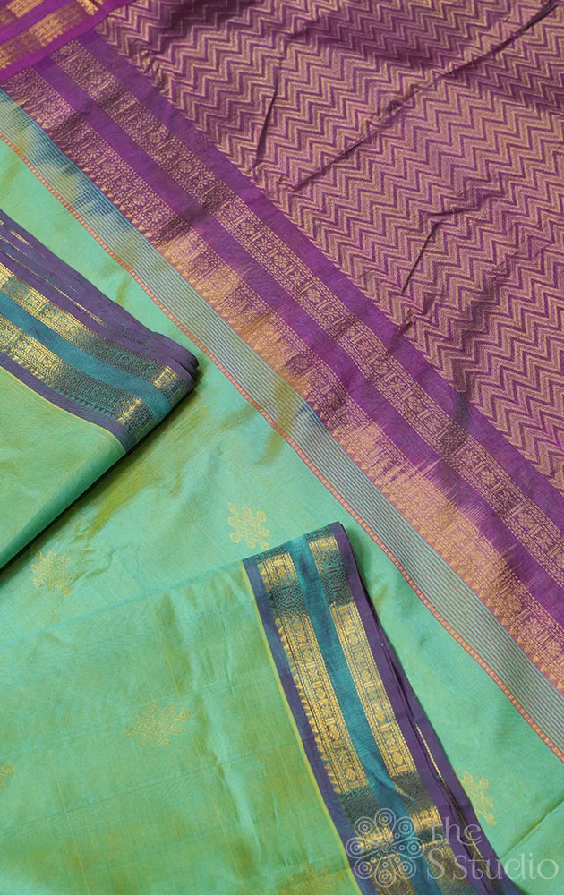 Sea green ten yards silk cotton saree with kolam butta
