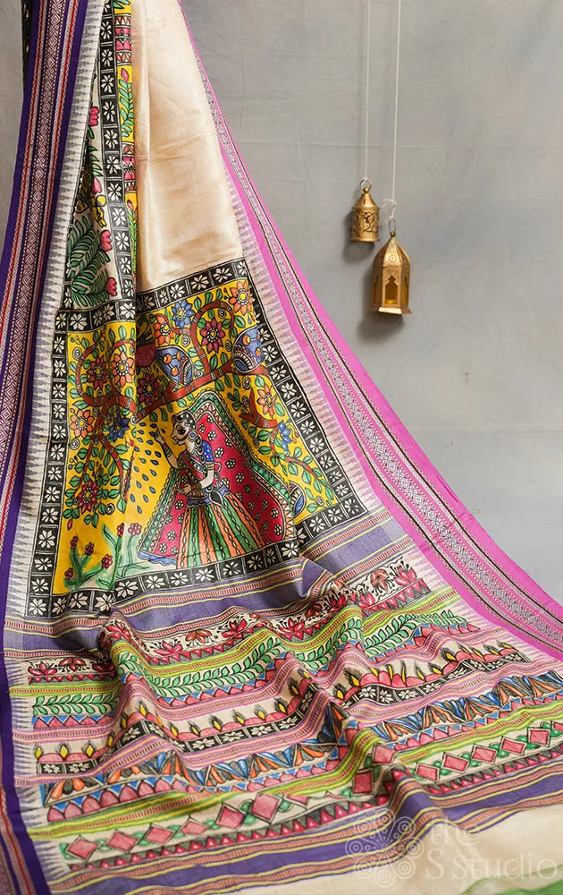Beige vidarbha tussar silk saree with madhubani hand painting