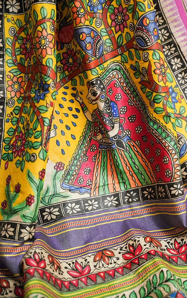 Beige vidarbha tussar silk saree with madhubani hand painting