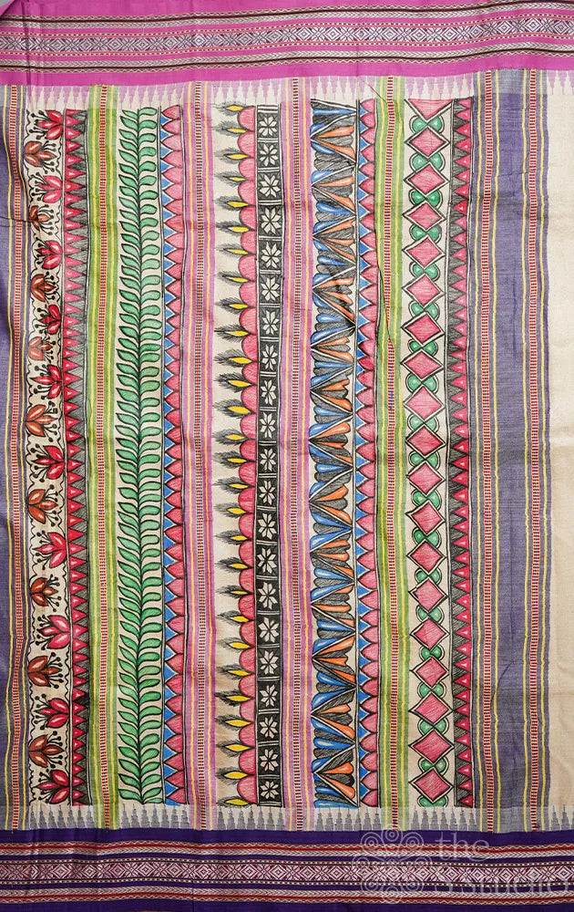 Beige vidarbha tussar silk saree with madhubani hand painting
