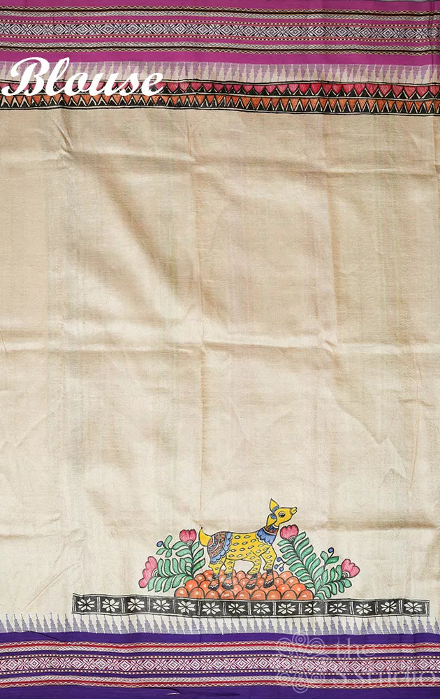 Beige vidarbha tussar silk saree with madhubani hand painting