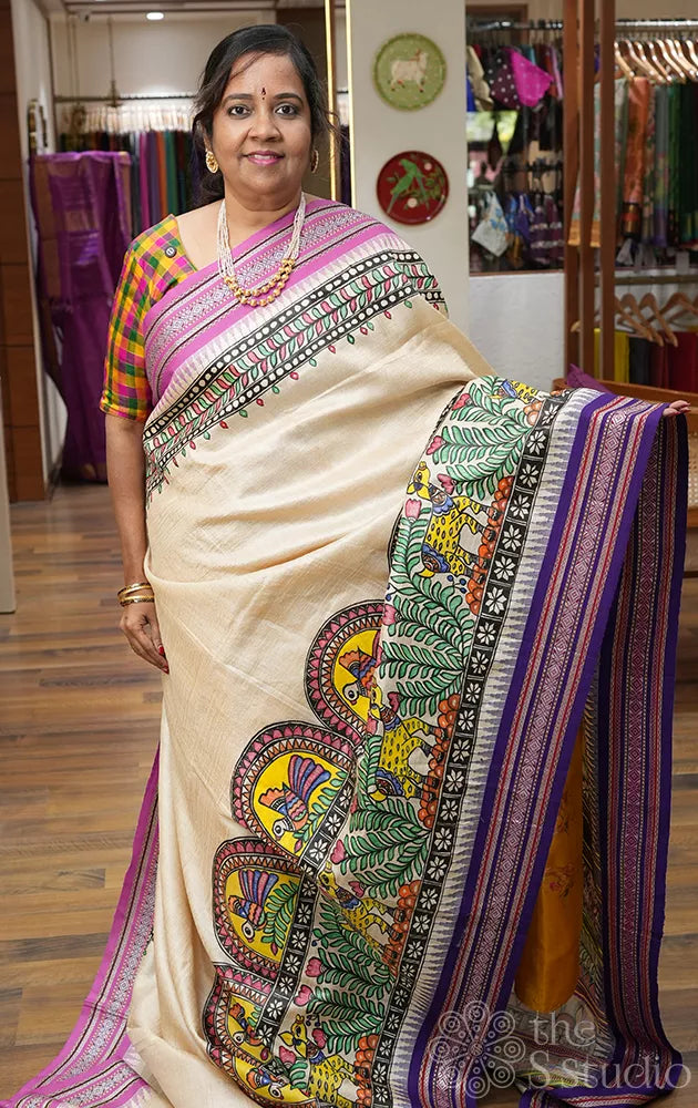 Beige vidarbha tussar silk saree with madhubani hand painting