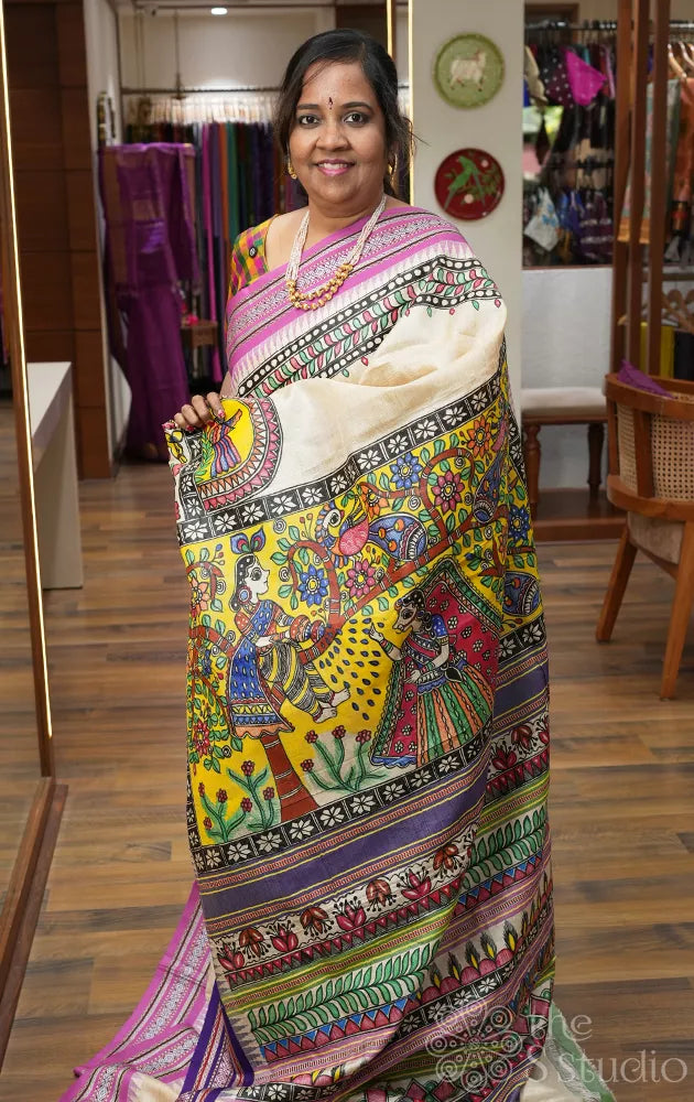 Beige vidarbha tussar silk saree with madhubani hand painting