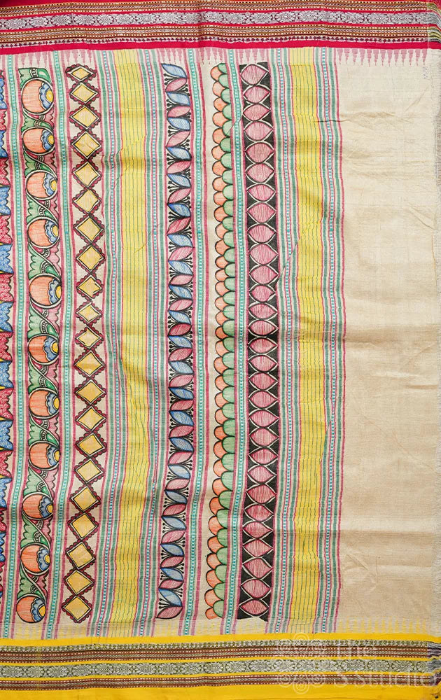 Beige vidharbha tussar silk saree with rani pink and yellow ganga jamuna border and madhubani hand painting