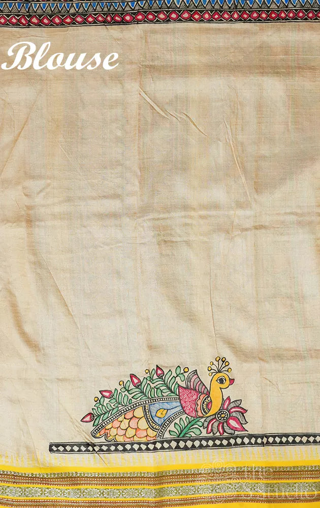 Beige vidharbha tussar silk saree with rani pink and yellow ganga jamuna border and madhubani hand painting
