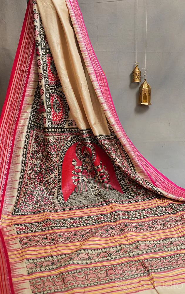 Beige vidharbha tussar silk saree with goddess durga madhubani hand painted pallu