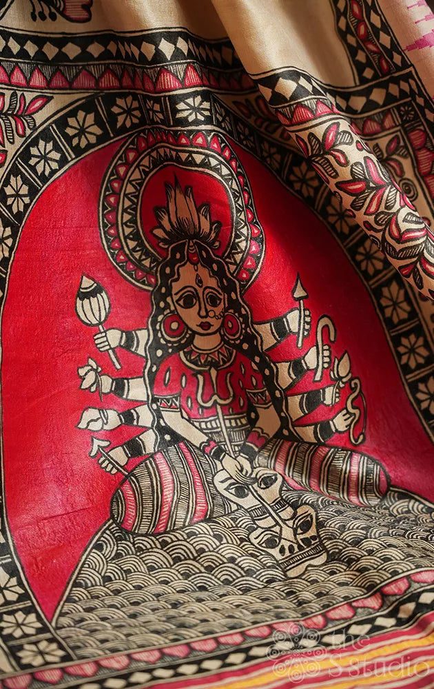 Beige vidharbha tussar silk saree with goddess durga madhubani hand painted pallu