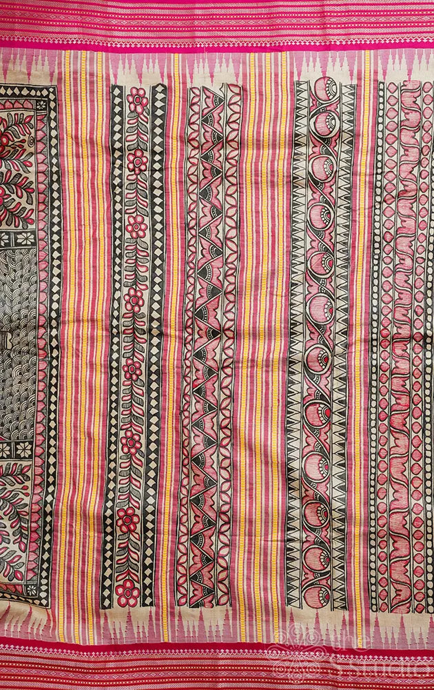 Beige vidharbha tussar silk saree with goddess durga madhubani hand painted pallu