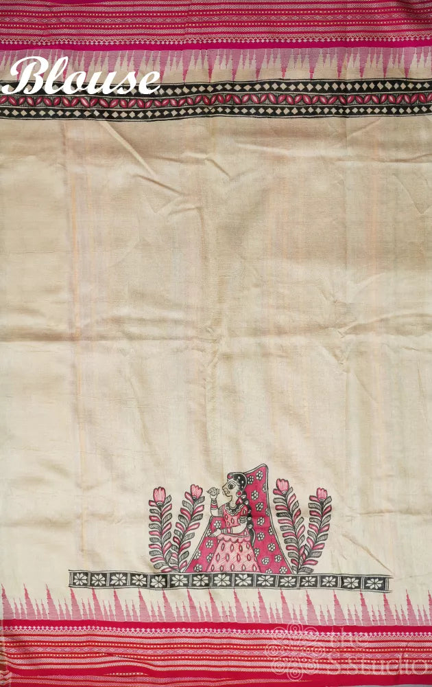 Beige vidharbha tussar silk saree with goddess durga madhubani hand painted pallu