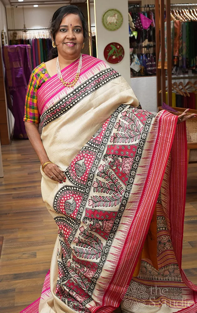 Beige vidharbha tussar silk saree with goddess durga madhubani hand painted pallu