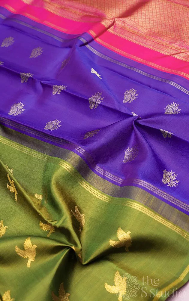 Chutney green kanchipuram silk saree with bird motifs and double pallu