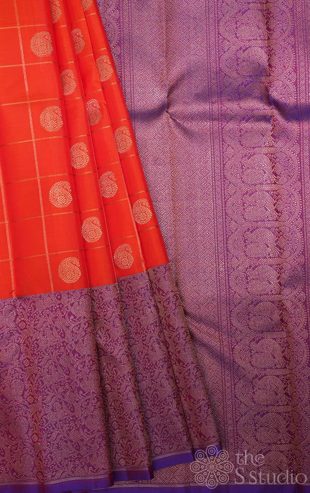 Orange zari checked kanjeevaram silk saree with vansingharam border