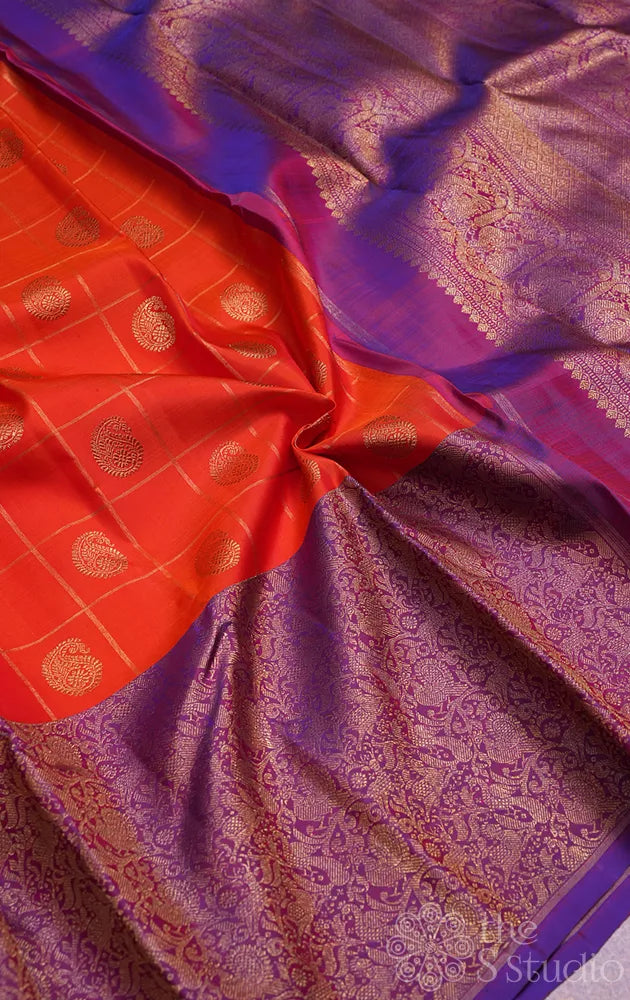 Orange zari checked kanjeevaram silk saree with vansingharam border