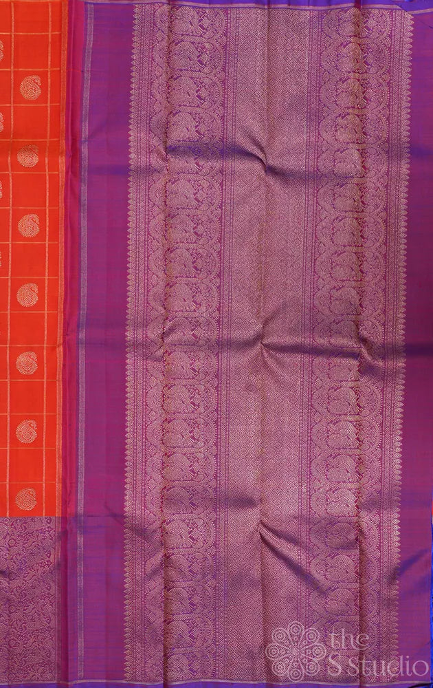 Orange zari checked kanjeevaram silk saree with vansingharam border