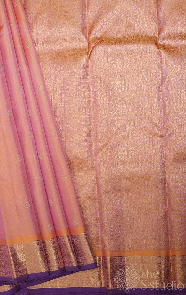 Peach vairaoosi kanchipuram silk saree with purple selvedge