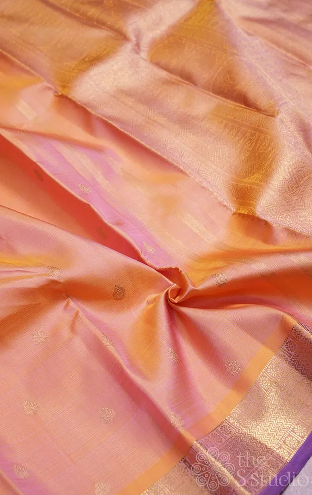 Peach vairaoosi kanchipuram silk saree with purple selvedge