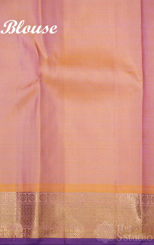 Peach vairaoosi kanchipuram silk saree with purple selvedge