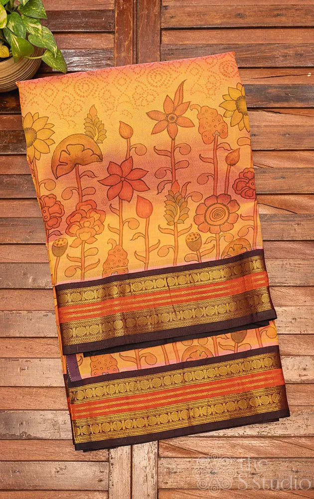 Light peach floral printed silk cotton saree with korvai border