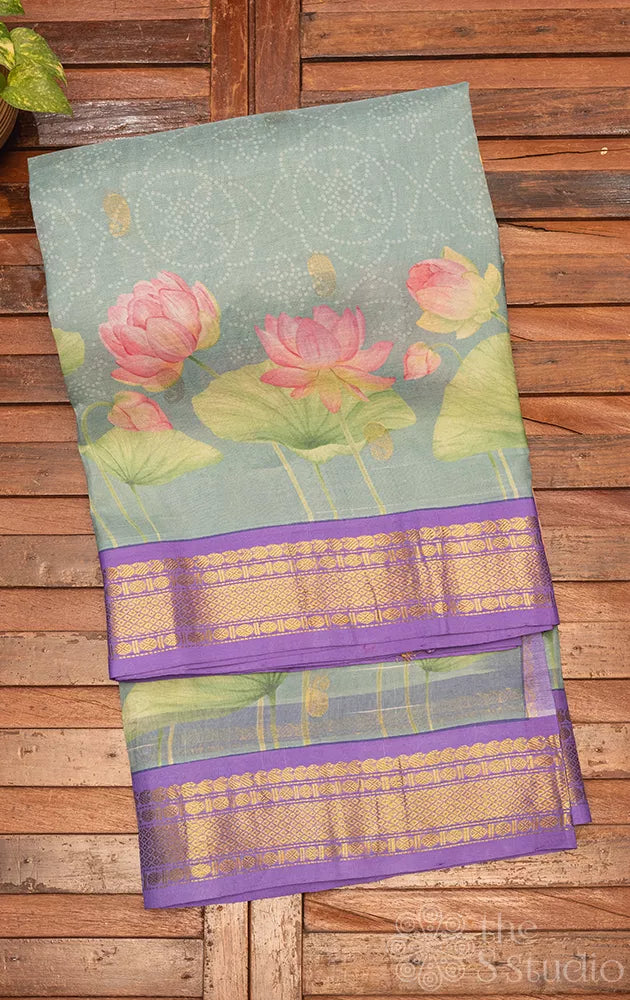 Grey lotus printed silk cotton saree with lavender border
