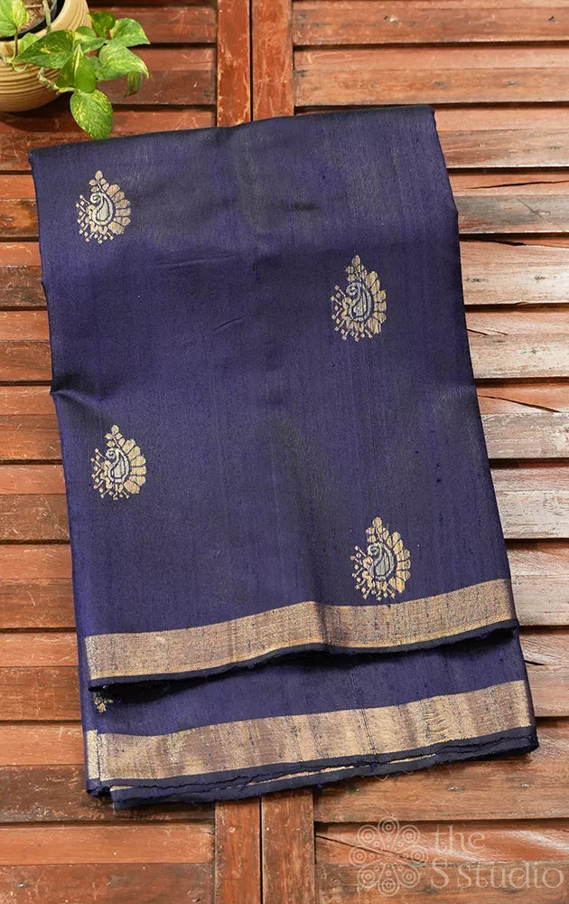 Navy blue raw silk saree with small border