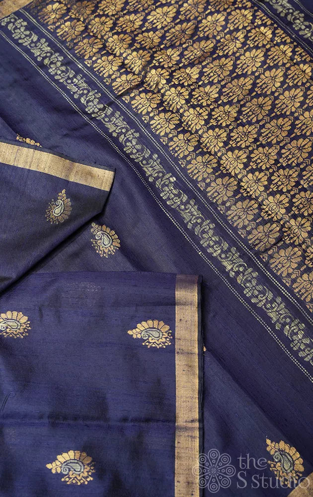 Navy blue raw silk saree with small border
