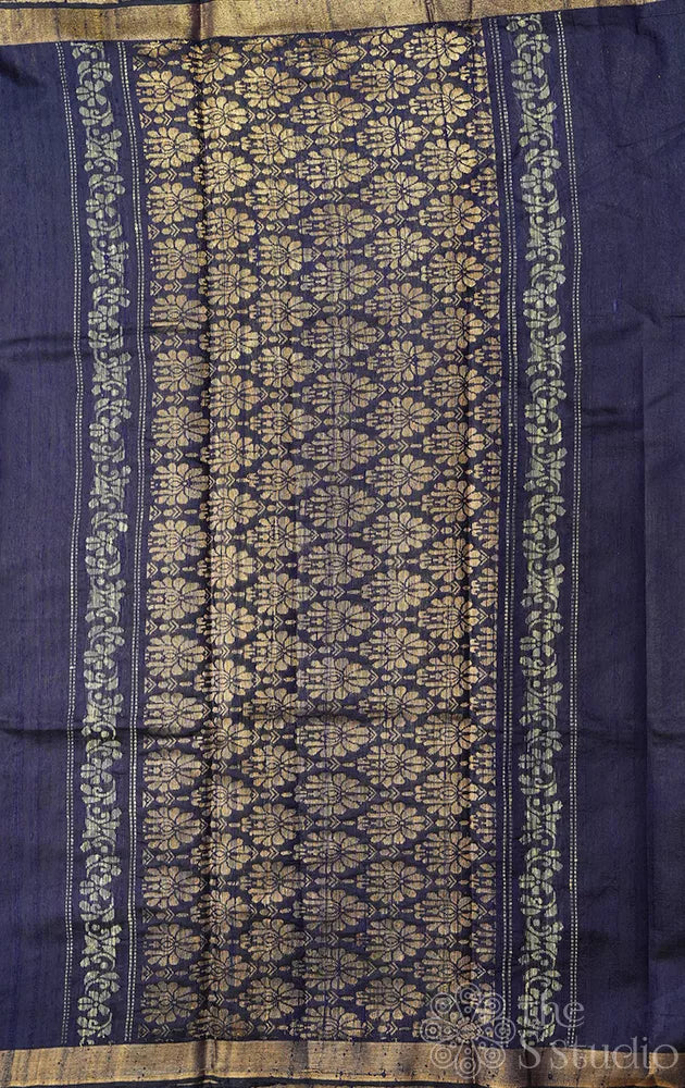 Navy blue raw silk saree with small border