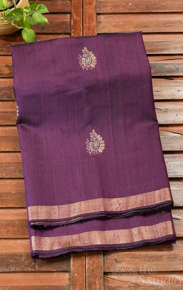 Purple raw silk saree with paisely zari buttas