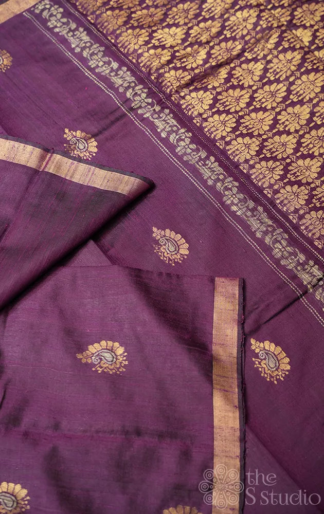 Purple raw silk saree with paisely zari buttas
