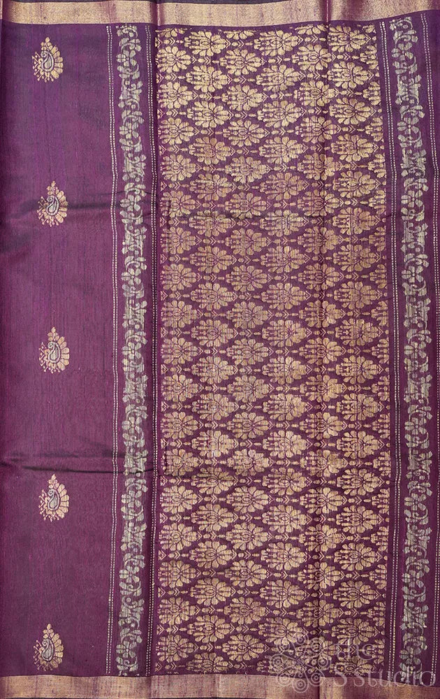 Purple raw silk saree with paisely zari buttas