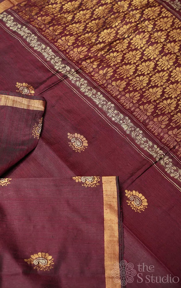 Maroon raw silk saree with zari rich pallu