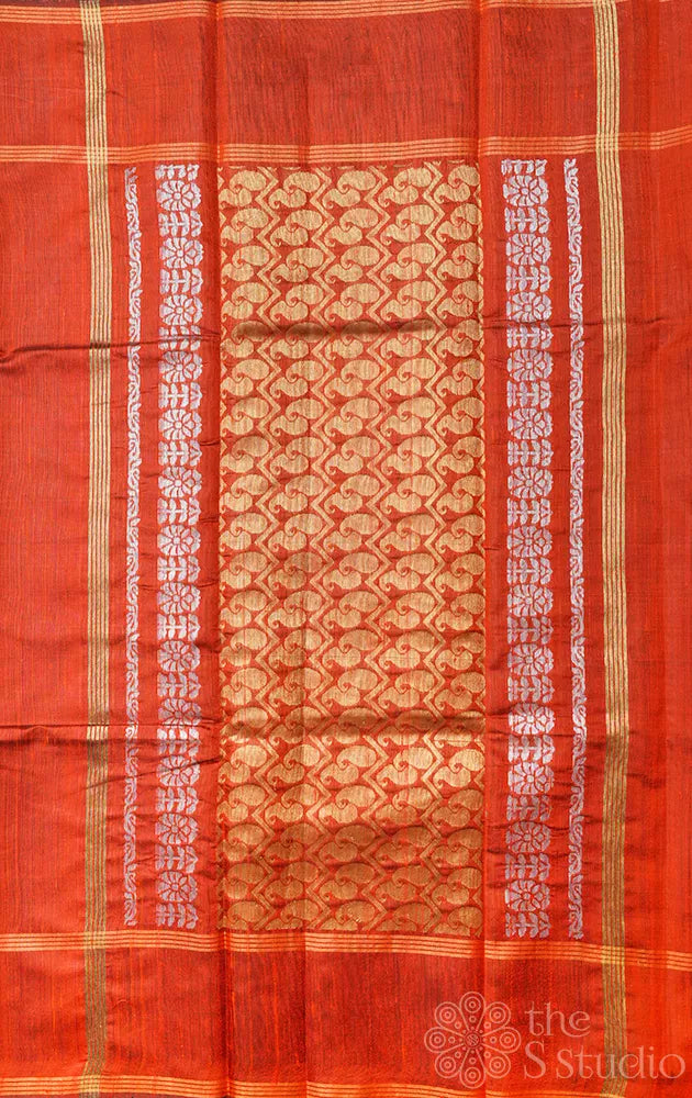 Orange raw silk saree with zari buttas
