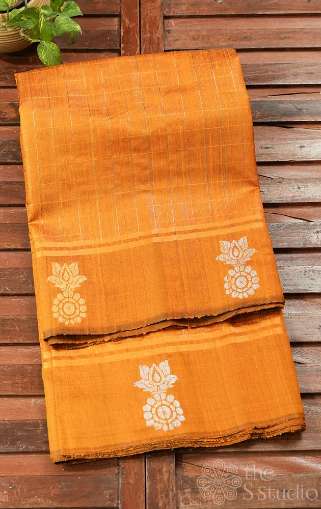 Sunset yellow raw silk saree with zari checks
