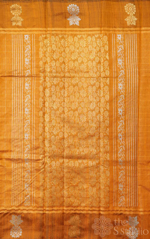 Sunset yellow raw silk saree with zari checks