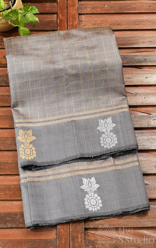 Grey raw silk saree with zari rich pallu
