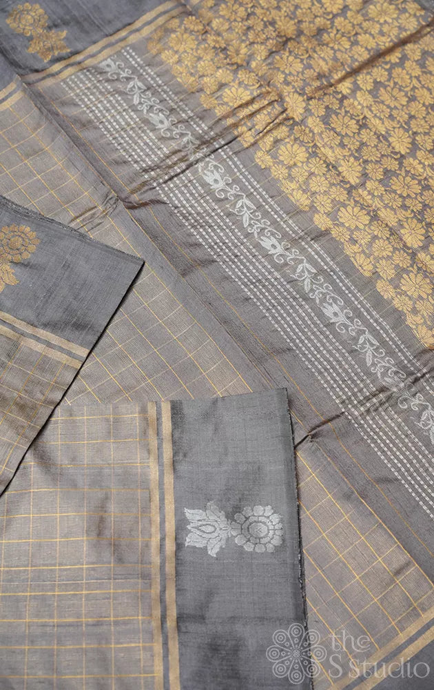 Grey raw silk saree with zari rich pallu