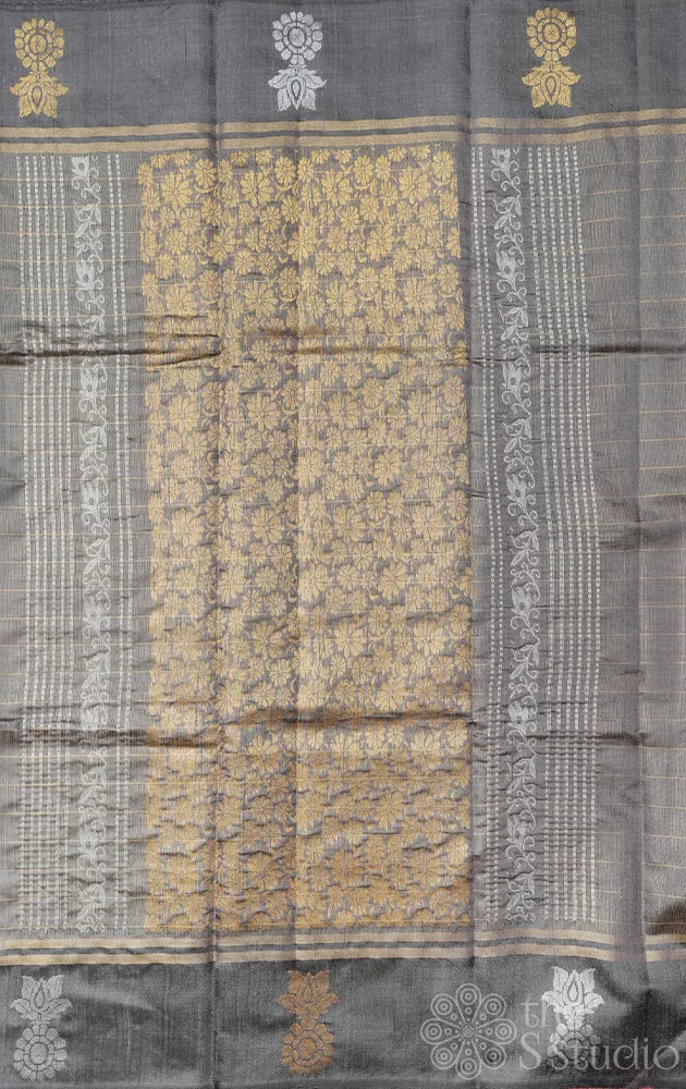 Grey raw silk saree with zari rich pallu