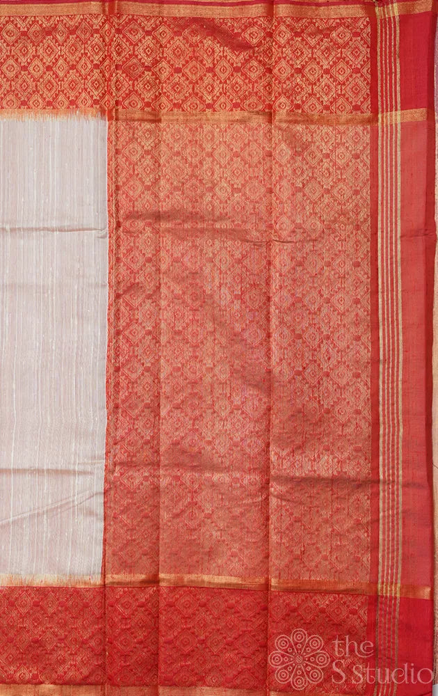 Off white raw silk saree with red zari border