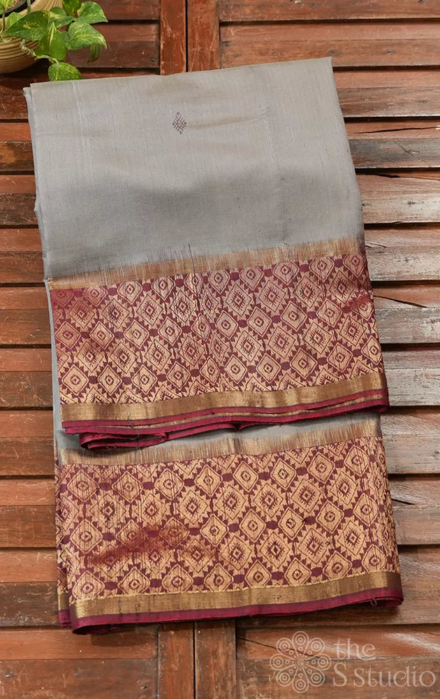Grey raw silk saree with maroon border