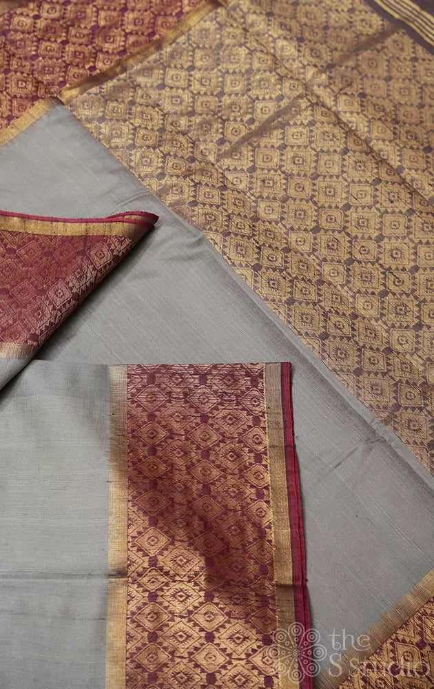 Grey raw silk saree with maroon border