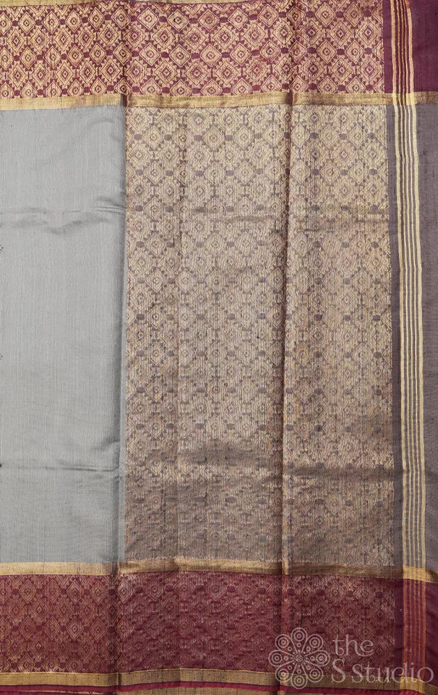 Grey raw silk saree with maroon border