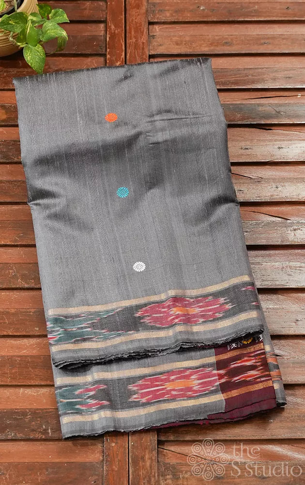 Dark grey raw silk saree with dolabedi design pallu