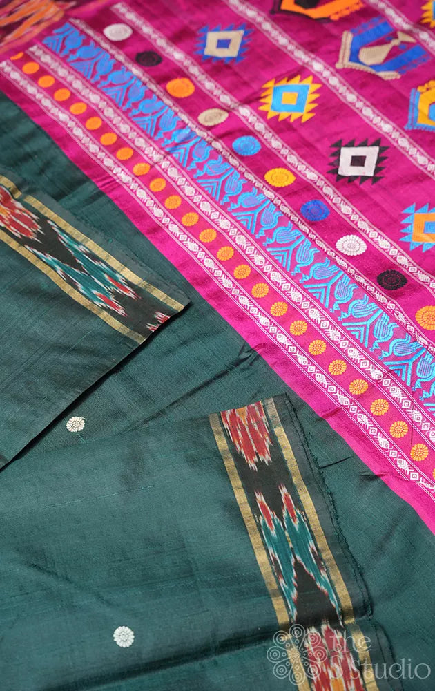 Bottle green raw silk saree with contarst pallu