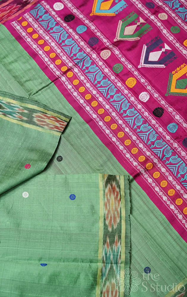 Light green raw silk saree with dolabedi design pallu